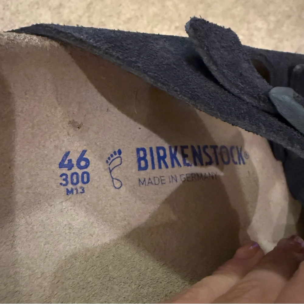 Birkenstock Men’s Arizona Soft Footbed Blue Suede Leather Slide Sandals Size 46